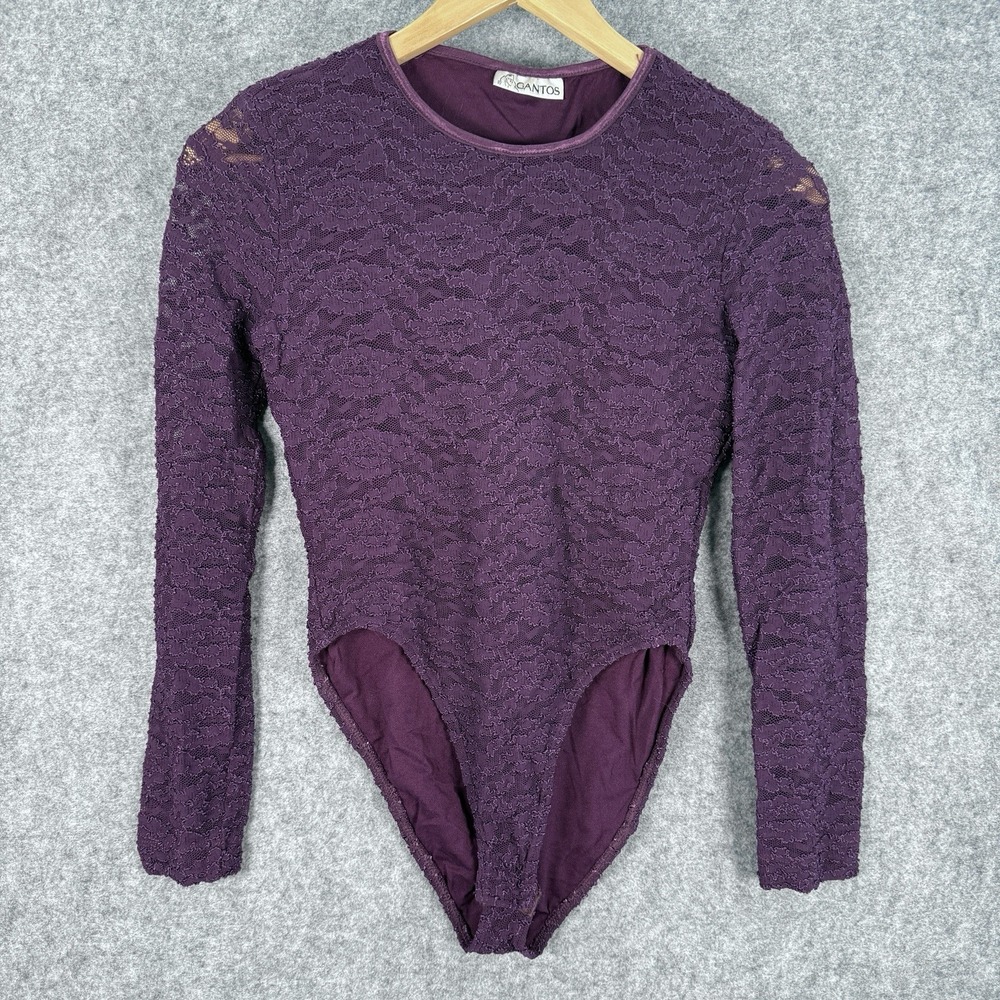 Vintage Gantos Bodysuit Womens M Leotard Purple Lace Long Sleeve Snap Close‎